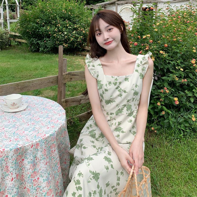 Women's French floral dress summer new square collar waist thin small fresh medium and long skirt