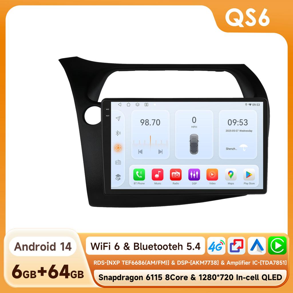 360Camera Android14 Car Radio For Honda Civic Hatchback 2005 - 2011 Car Multimedia GPS 4G Carplay Intelligent Screen autoradio