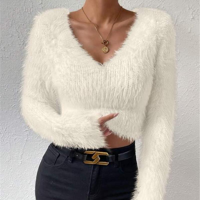 Women‘s Stylish Solid Short Plush Sweater Fall Winter Soft Comfortable Warm Simple Sweater for Lady V-neck Long Sleeve Slim Short Sweater