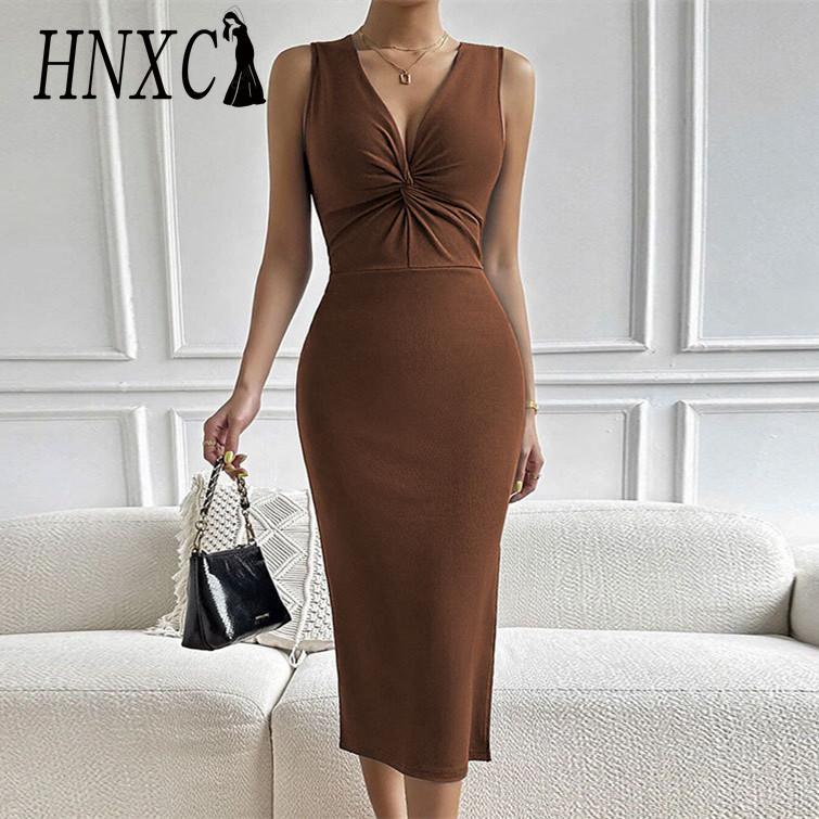 HNXC Женская мода лето весна однотонный принт без рукавов с v-образным вырезом и высокой талией повседневные платья