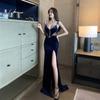 Spring and Summer Women's New Deep V Low-cut Sexy Sling Strap Slim-fit Split Long Evening Dress