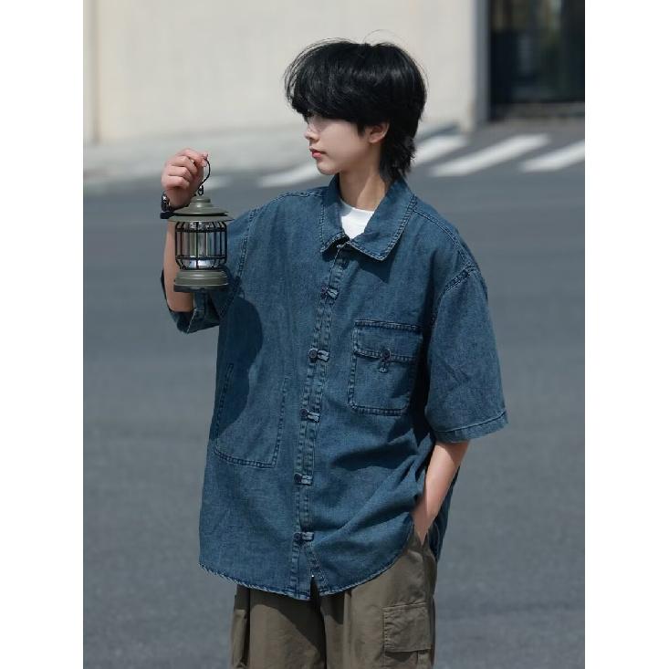 Летняя мужская новая стильная потертая джинсовая рубашка с короткими рукавами в стиле ретро, уличная модная рабочая одежда, рубашка в стиле милитари