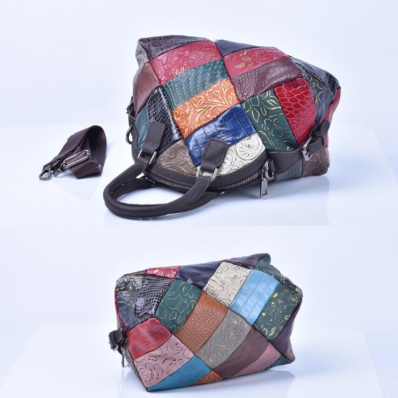 Женская сумка из натуральной кожи в этническом стиле, контрастная цветовая гамма, мягкая сумка через плечо из коровьей кожи для женщин