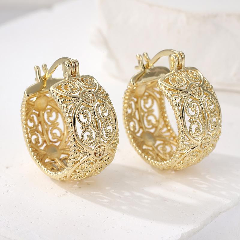 Винтажные Изысканные Ажурные Круглые Серьги-Кольца с Ручной Резьбой с Золотым Покрытием Женские Свадебные Банкетные Ювелирные Аксессуары Подарки