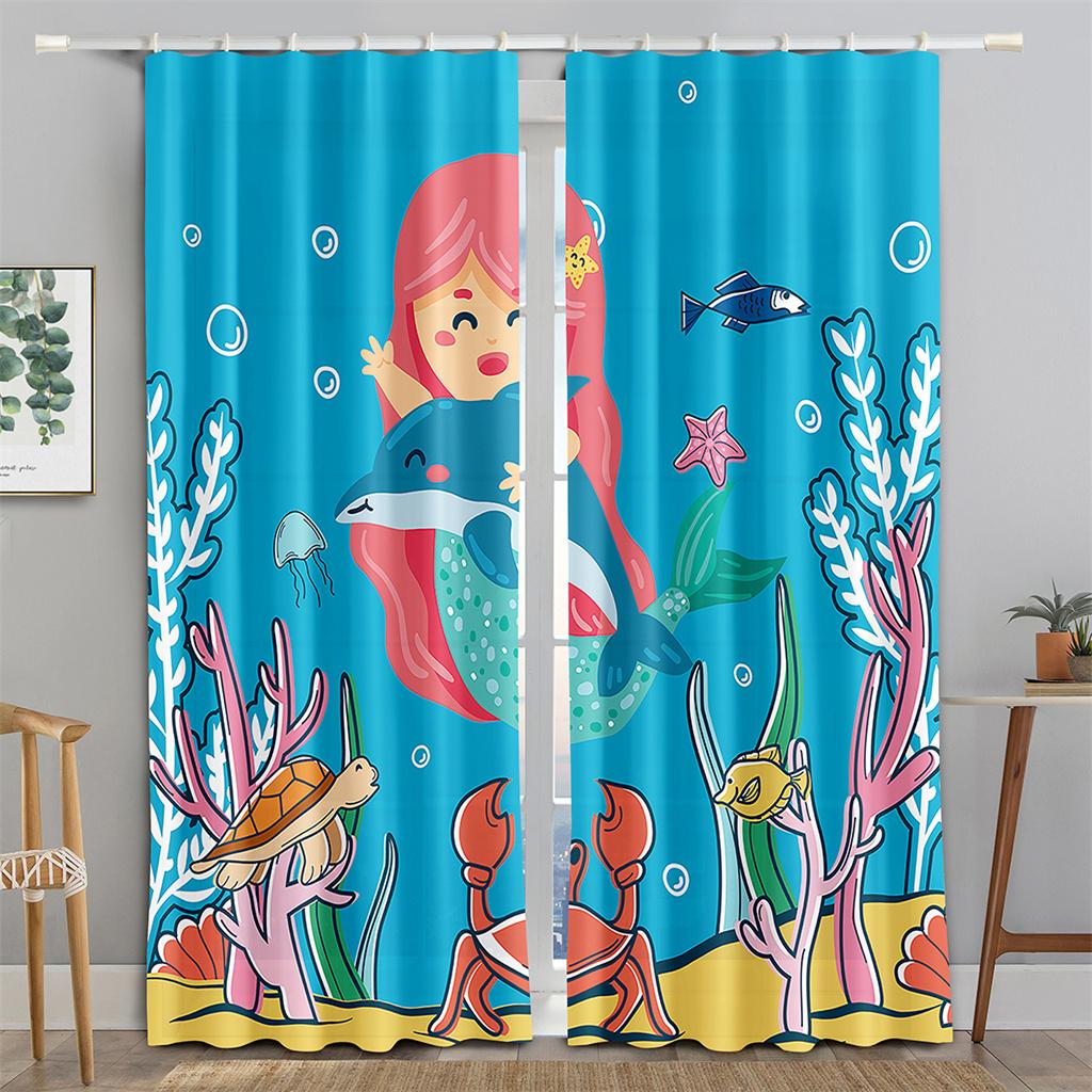Children's Favorite Underwater World Animal Mermaid Shade Curtain Living Room Bedroom Baby Room Decor Cortina 2 Panels