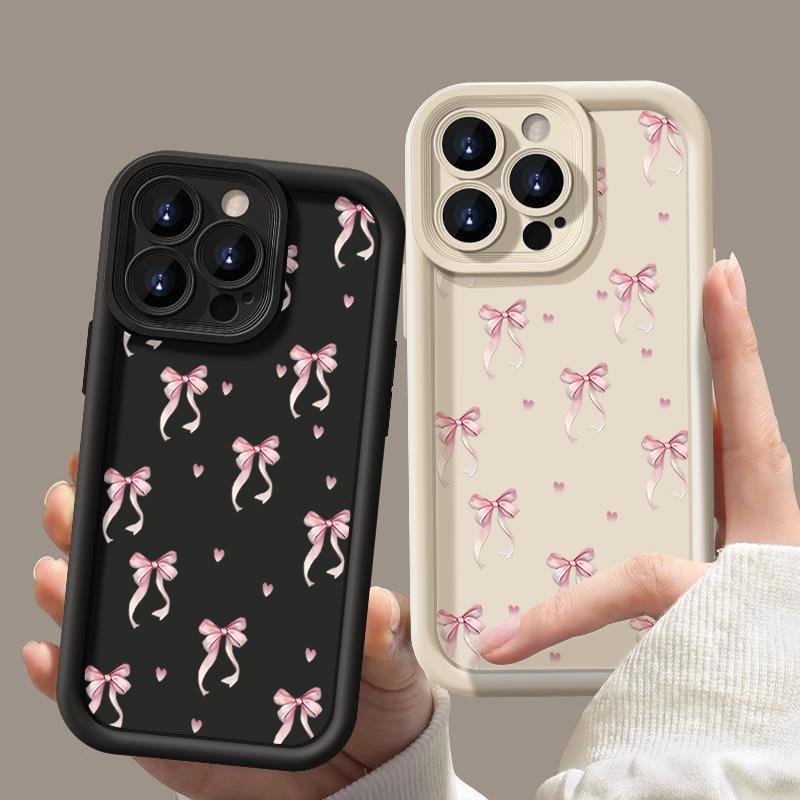 Мягкий чехол для телефона из ТПУ с розовым бантом для iPhone 16 Pro Max 15 Pro 14 13 12 11 XR XS Love Heart Pattern, матовый противоударный защитный бампер для объектива