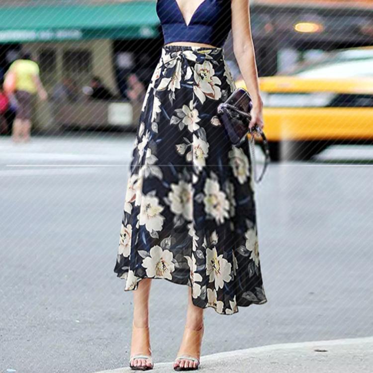 Plus Size Print Floral Skirt Women Summer Loose Elastic High Waist Chiffon Midi Skirts Lace Up Bow L-5XL Swing Jupe Femme