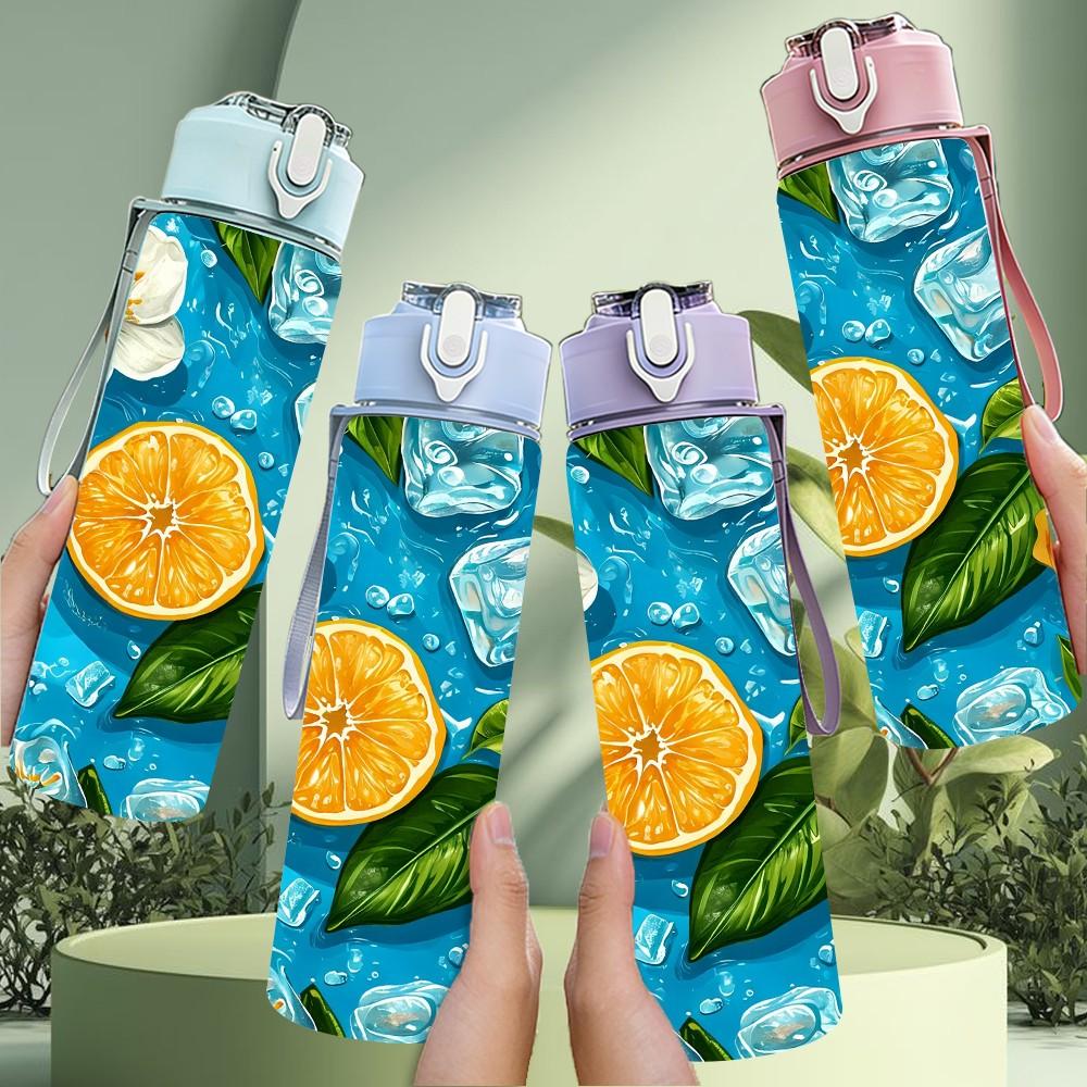 1PC Orange Citrus Fruit On Blue Water Print 750ml Color Plastic Sports Water Bottle Leakproof Flip Straw Lid Suitable for Sports Office Home Use