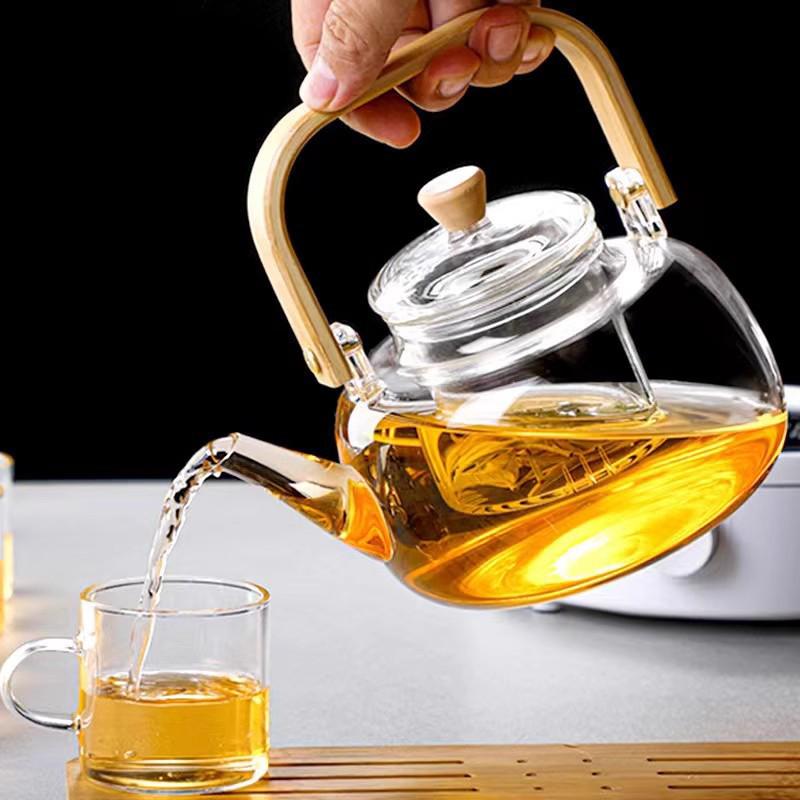 1000ML Glass Teapot Portable Wood Handle Glass Kettle Heat-Resistant Transparent Tea Pot Home Coffee Tea Bottle Kitchen Supplies