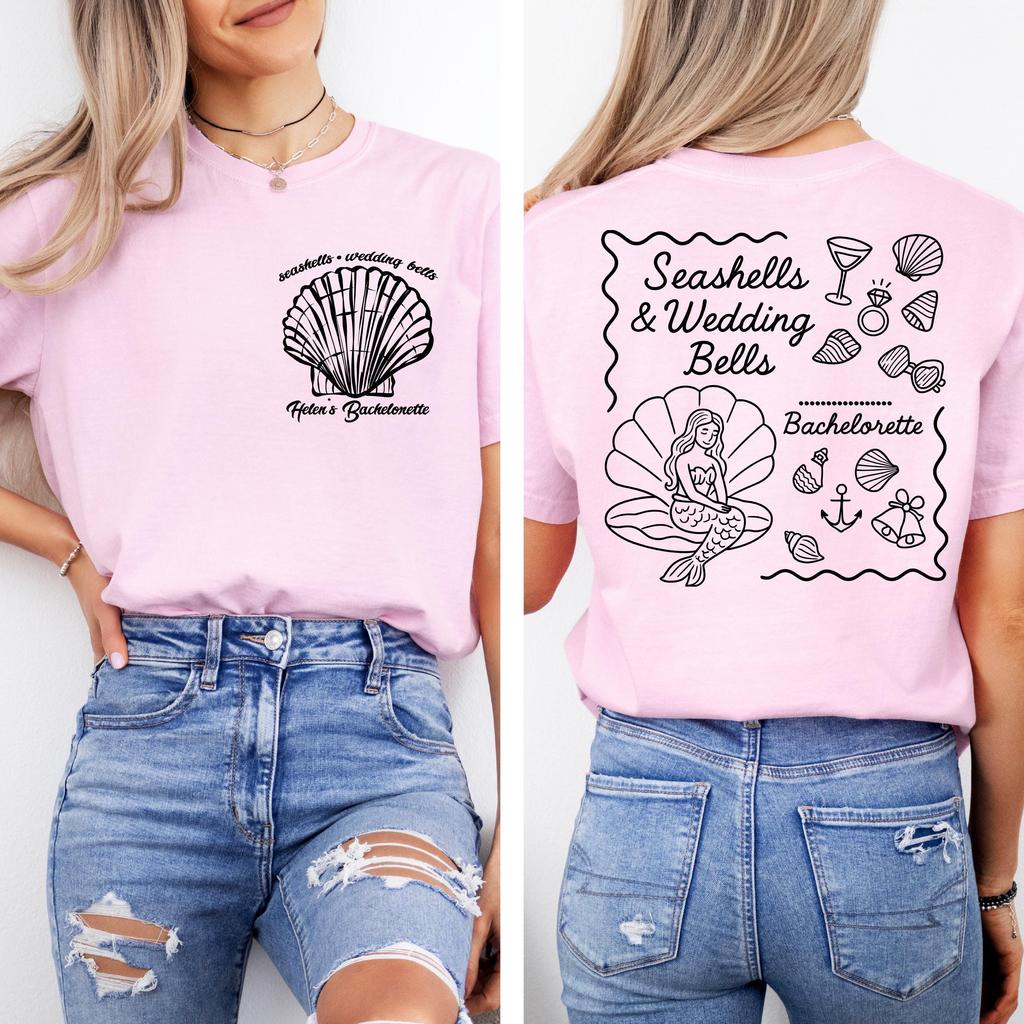 Seashells Wedding Bells Bachelorette Women T Shirt Coastal Hen Party Shirt Cotton Tops
