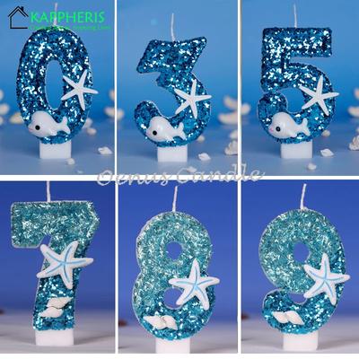 Свечи на детский день рождения в виде дельфина для мальчиков, синие блестящие свечи для торта в виде морской звезды, украшение для вечеринки в виде цифры 0-9