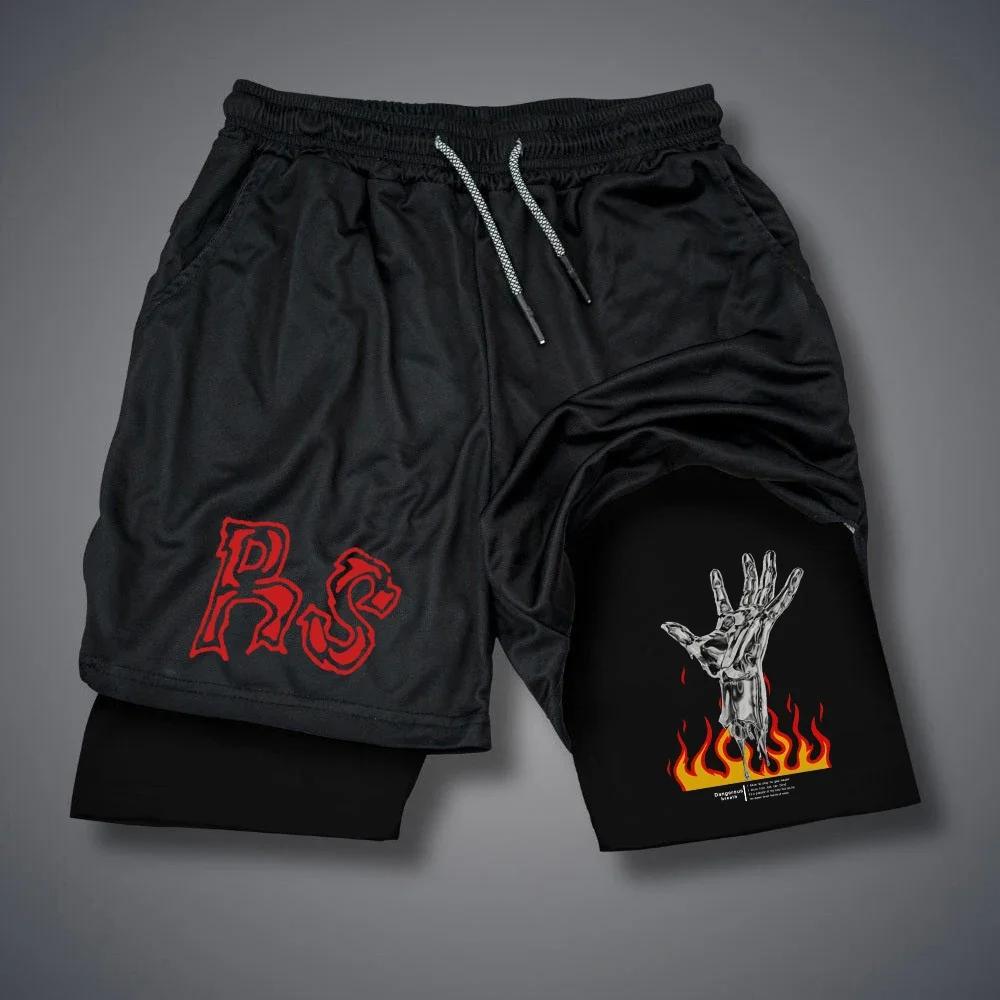 Летние шорты с принтом букв RS, мужские быстросохнущие шорты 2 в 1, уличные женские спортивные шорты с изображением гитары и пламени