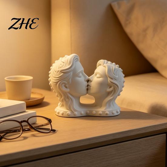Artistic Desktop Collection 3D Printed Couple Kissing Head Sculpture, White Modern Art Statue for Home Living Room Bedroom, Minimalist Desk