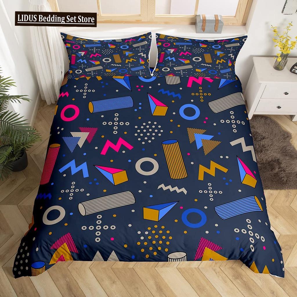 Retro Memphis Style Duvet Cover Set Galaxy Fashion Style Geometric Shapes Bedding Set Full,Hipster Old Fashioned Comforter Cover