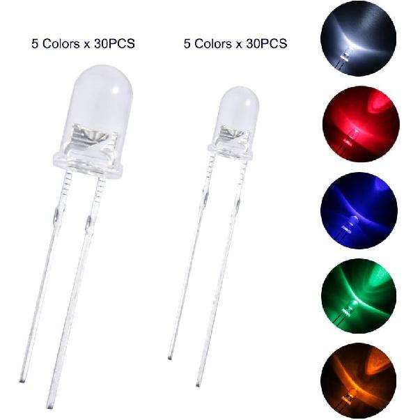 ELEGOO 3mm and 5mm Diffused and Clear Assorted LED Light Bulbs Kit 5 Light Colors with UV, RGB CA, Fast Flashing Compatible with Arduino (Pack of