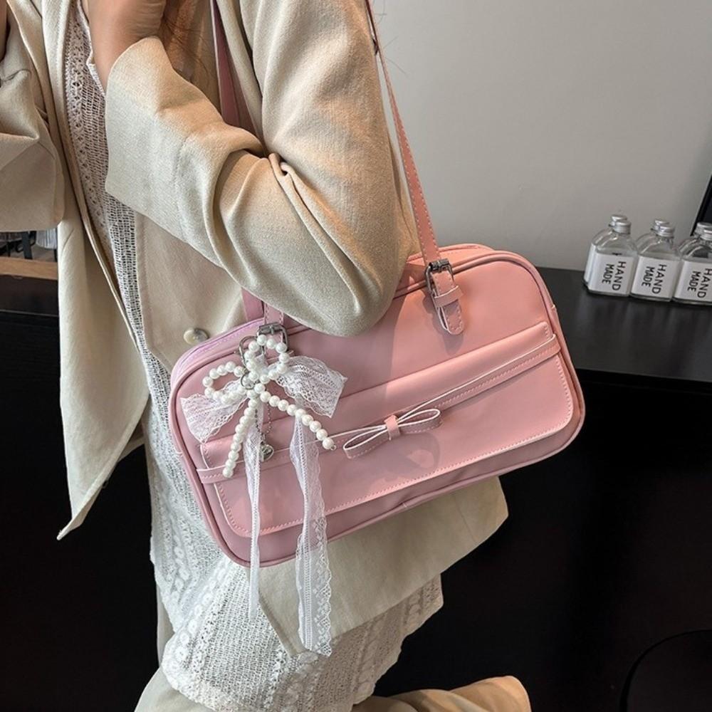 Trendy Sweet Bow Shoulder Bags Adjustable Square Korean Boston Pillow Bag Ribbon Pearl Pendant Solid Color Tote Bag Work