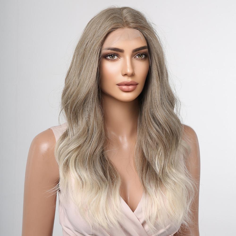 ALAN EATON Синтетический передний парик с кружевом Длинные волнистые парики Ombre Grey to Blonde Ежедневно для женщин Высокая плотность Термостойкие волосы