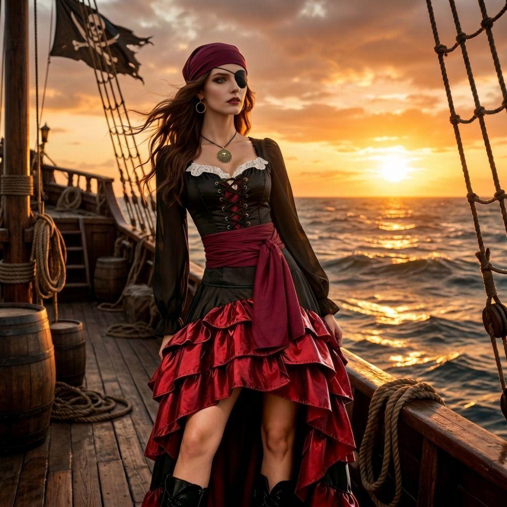 Necklace Pirate Costumes Head Wrap Halloween Cosplay Costume Vintage Halloween Ball Pirate Set Men