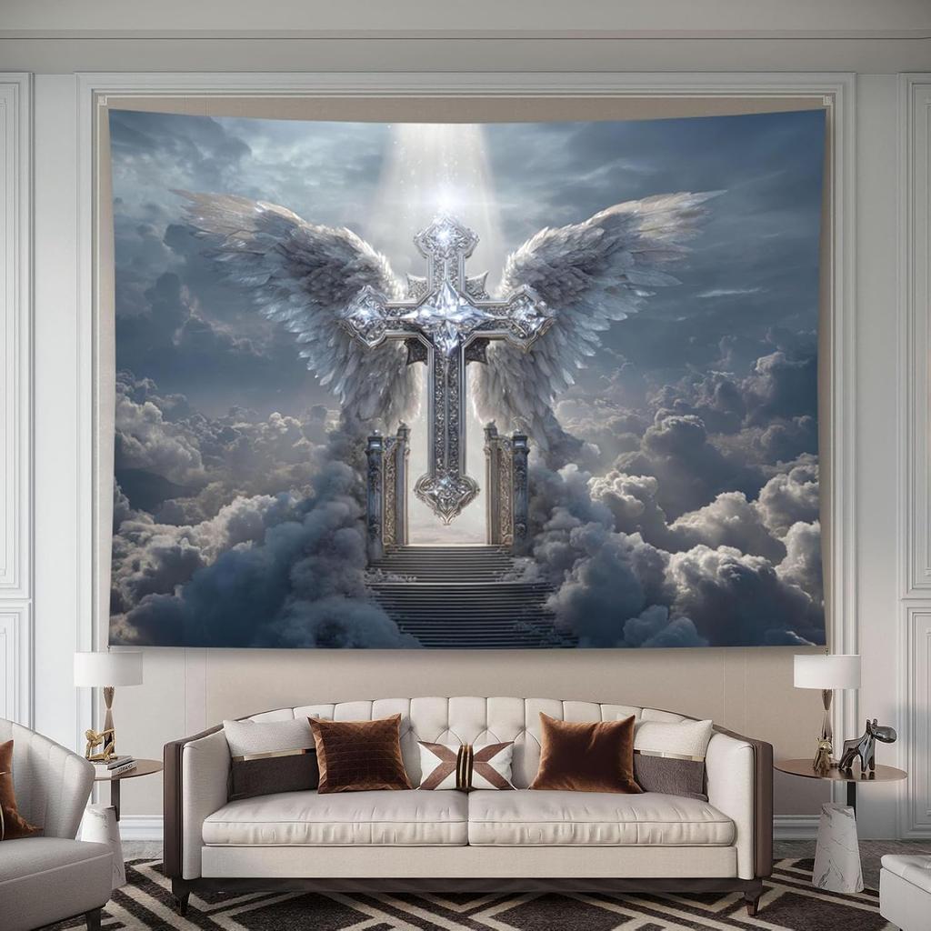Majestic Angel Wings Cross Tapestry Spiritual Religious Wall Hanging Home Decor Christian Art Polyester Polyester Print