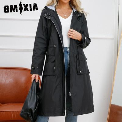 Женские однотонные принтованные осенне-зимние куртки и пальто с капюшоном и полосатой подкладкой прямого кроя с длинным рукавом