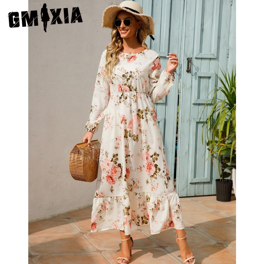 GMXIA Весна Лето Богемный Женское Макси Платье Повседневный Длинный Рукав Высокая Талия Пляжное Платье Женские Цветочные Шифоновые Платья Vestidoes Mujer Новинка