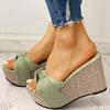 Мода Модные Крутые Шлепанцы с Рыбьим Носком Новые Наклонный Каблук Летняя Пляжная Обувь Однотонные Большого Размера Сандалии с Бантом на Каждый День