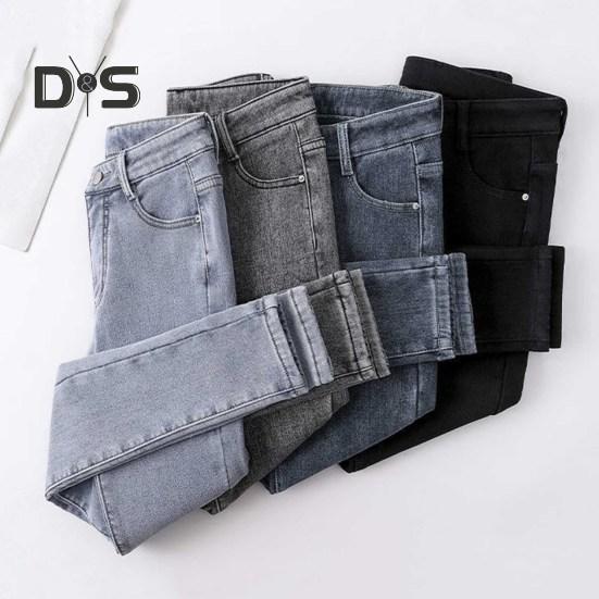 Women Winter Plush Jeans High Waist Thick Velvet Lined Slim Fit Pencil Pants Button Zipper Closure Pockets Straight Leg Trousers for Street to Party