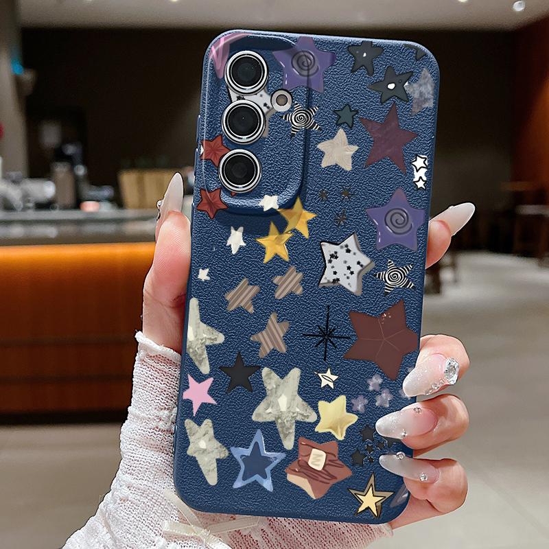 Чехол с принтом «Цветные звезды» для Samsung S26 S25 Ultra S24 S23 S22 S21 FE A15 A35 A55 A16 A36 A56 A17 A18 A37 A57 5G Мягкая обложка с текстурой кожи