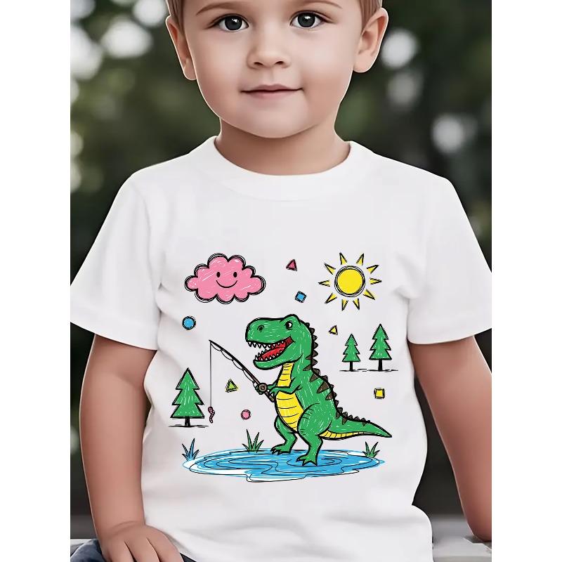 European sizes Summer Boys' Stylish Short-Sleeve T-Shirt Featuring Cartoon Prints of a Fishing T-Rex, Smiling Clouds