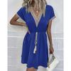 Women Vintage Mini Dresses 2023 Summer Fashion Solid V Neck Loose Lace Up Dress Female Casual Short Sleeve Beach Dress Vestidos