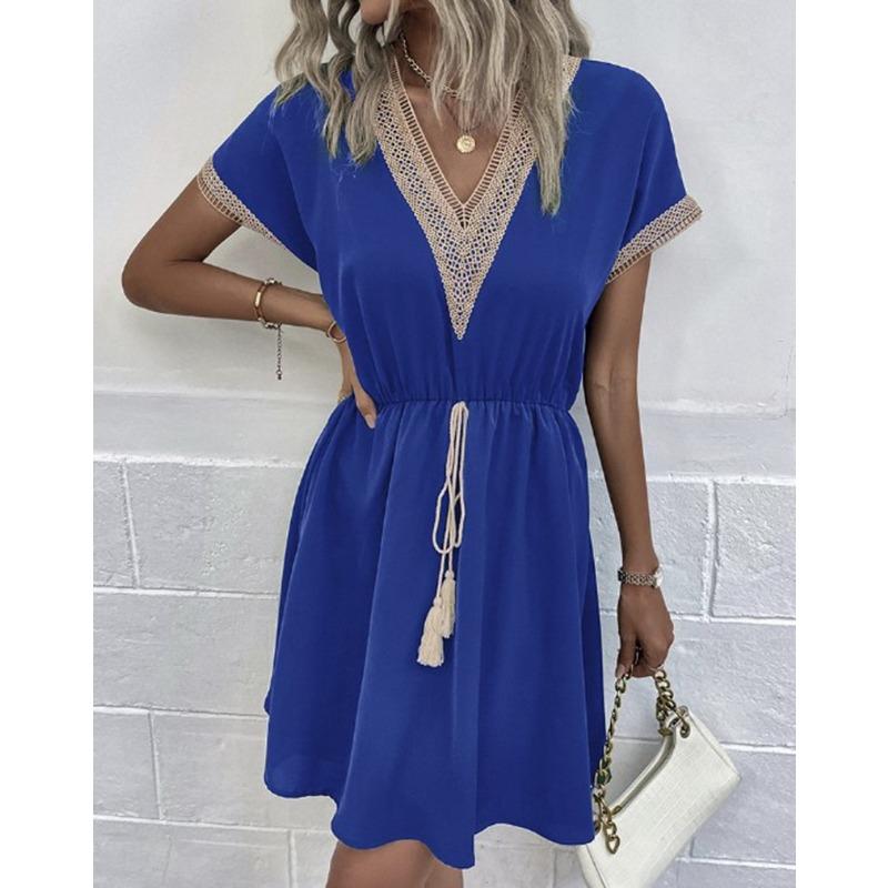 Women Vintage Mini Dresses 2023 Summer Fashion Solid V Neck Loose Lace Up Dress Female Casual Short Sleeve Beach Dress Vestidos