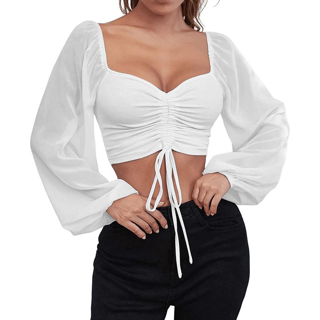 Ladies Casual Solid Color Square Neck Pullover Mesh Splicing Sexy Fashion Top