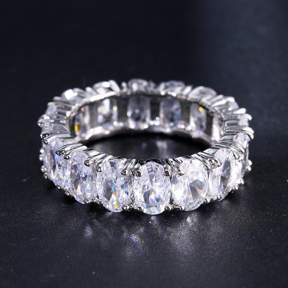 White K Row Diamond Oval Zircon Ring In Copper Plated Setting - Trendy Geometric Fashion Jewelry for Women