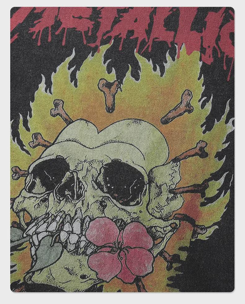 ARTIE Men's Washed Retro Skull Flame T-Shirt - Dark Loose Fit, Trendy Short Sleeve