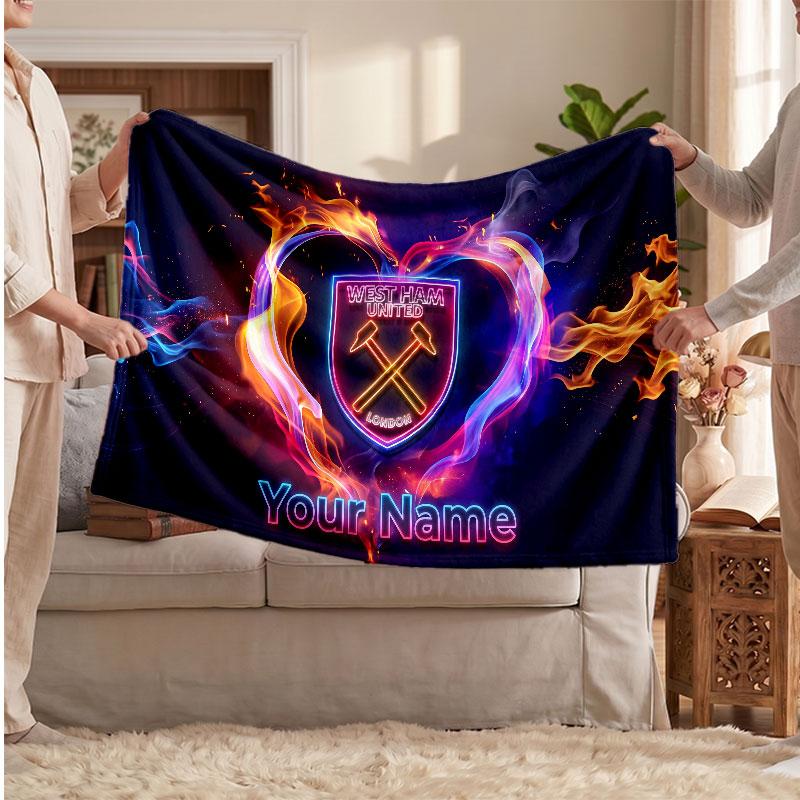 West Ham United football Personalized Fleece Blanket With Football Logo, Custom Name Text Soft Warm Home Throw Blanket