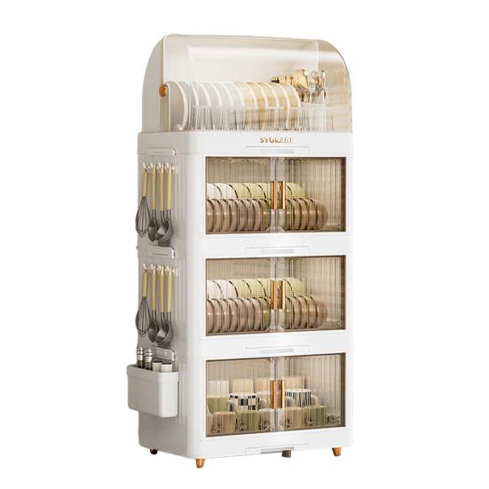 Штабелируемый ящик для хранения посуды, многоярусный органайзер для столовой посуды с прозрачной крышкой, дверцами, крючками, контейнеры для хранения тарелок, чашек, с поддоном для слива