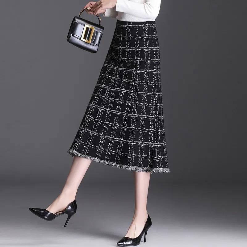 Осень-зима трикотажные юбки А-силуэта женские клетчатые юбки средней длины с кисточками корейская мода женские фалды
