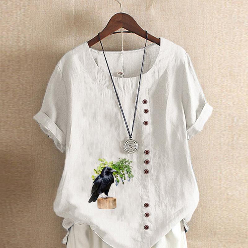 Women's Fashion Crow Prined Round Neck Short Sleeve T-shirt Casual Cotton Linen Graphic Shirt Leisure Loose Summer Blouse Tops