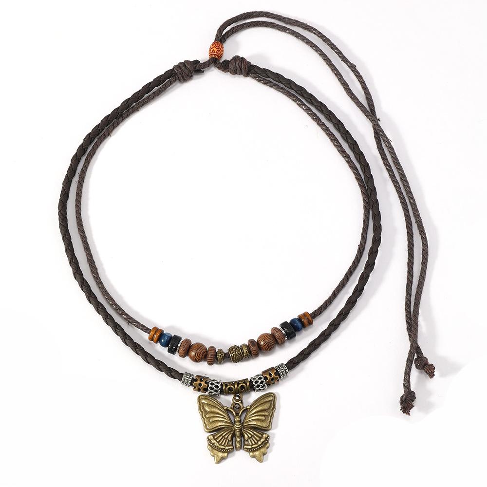 Butterfly-shaped Wooden Beaded Double-layer Necklace, Women's Retro-style Woven Rope Collarbone Chain