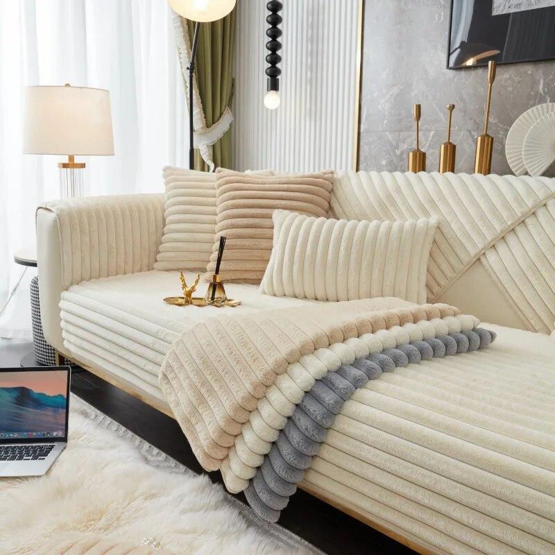 Super Soft Rabbit Plush Quilted Sofa Towel Winter Warm Thick Plush Couch Cover L-shaped Sectional Anti-slip Sofa Cover