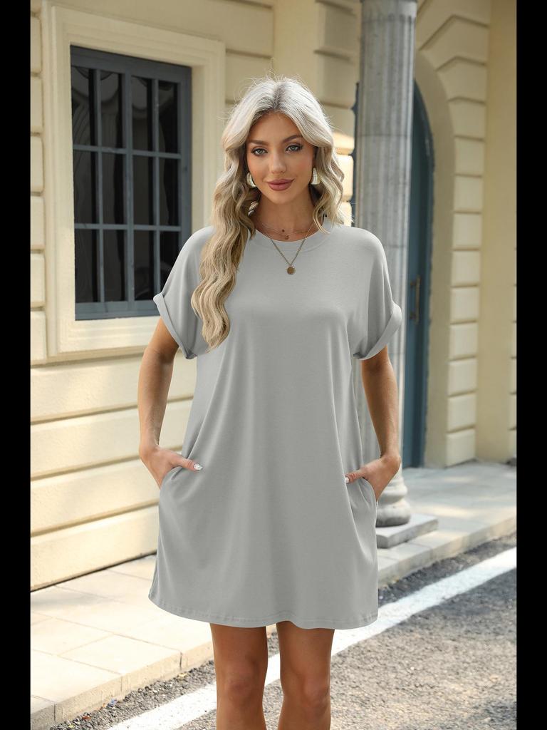 2024 Spring/Summer Solid Color Round Neck Pocket Loose Short-Sleeved Dress