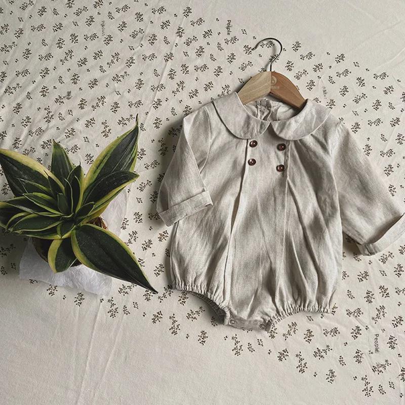 Autumn Linen Double-Breasted College Style Long-Sleeve Bodysuit for Babies