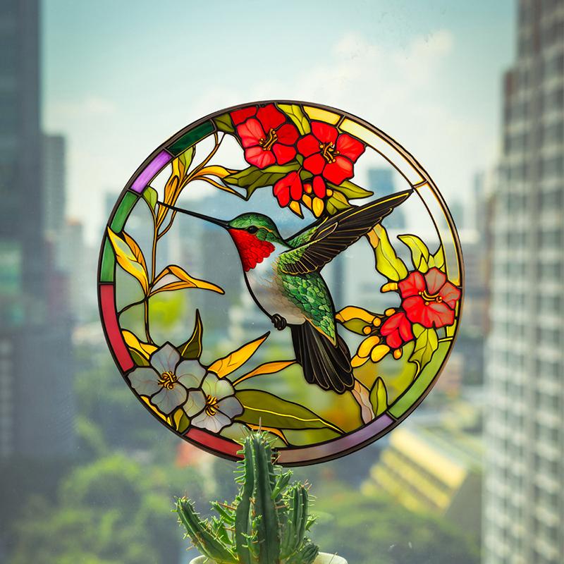 Retro Stained Hummingbird Butterfly Flower Film Window Glass Electrostatic Stickers Colorful