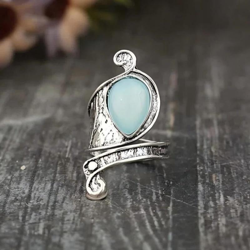 1 шт. Винтажное неровное кольцо-капля, персонализированное, из сплава с натуральным камнем, цвет античного серебра, с открытым концом
