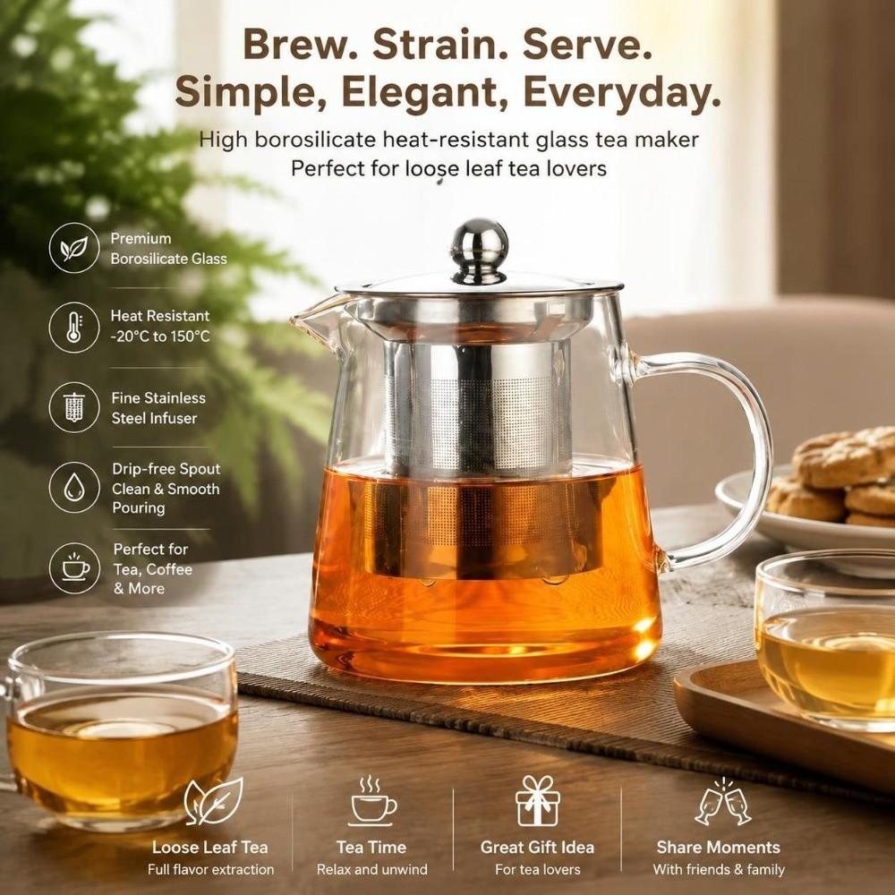 with Stainless Steel Infuser Clear Glass Tea Maker High Borosilicate Coffee Tea Pot Blooming Tea