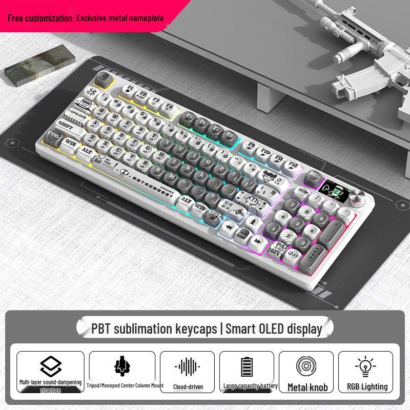 98-клавишная RGB беспроводная Bluetooth механическая клавиатура с тройным режимом - Игровая, для киберспорта и офиса, с настраиваемым экраном