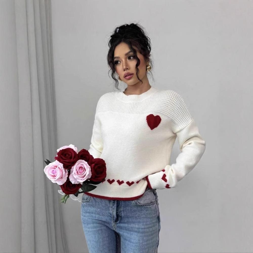 Women's Crew Neck Long Sleeve Knit Sweater Oversized Heart Print Commuter Pullover