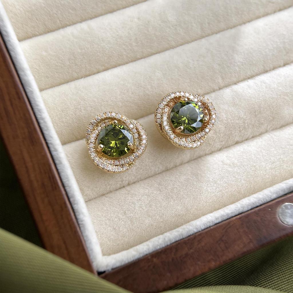 Винтажные серьги-пусеты в виде цветка из циркона оливкового цвета - Ретро придворный стиль с элегантностью тяжелой промышленности для женщин