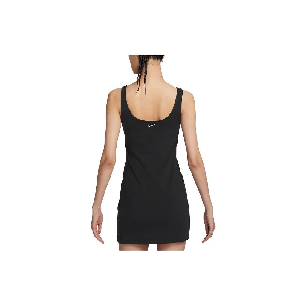 Nike Sportswear Solid Color Embroidered Rose Pattern U-Neck Midi Dress Women Dresses Black FQ0698-010