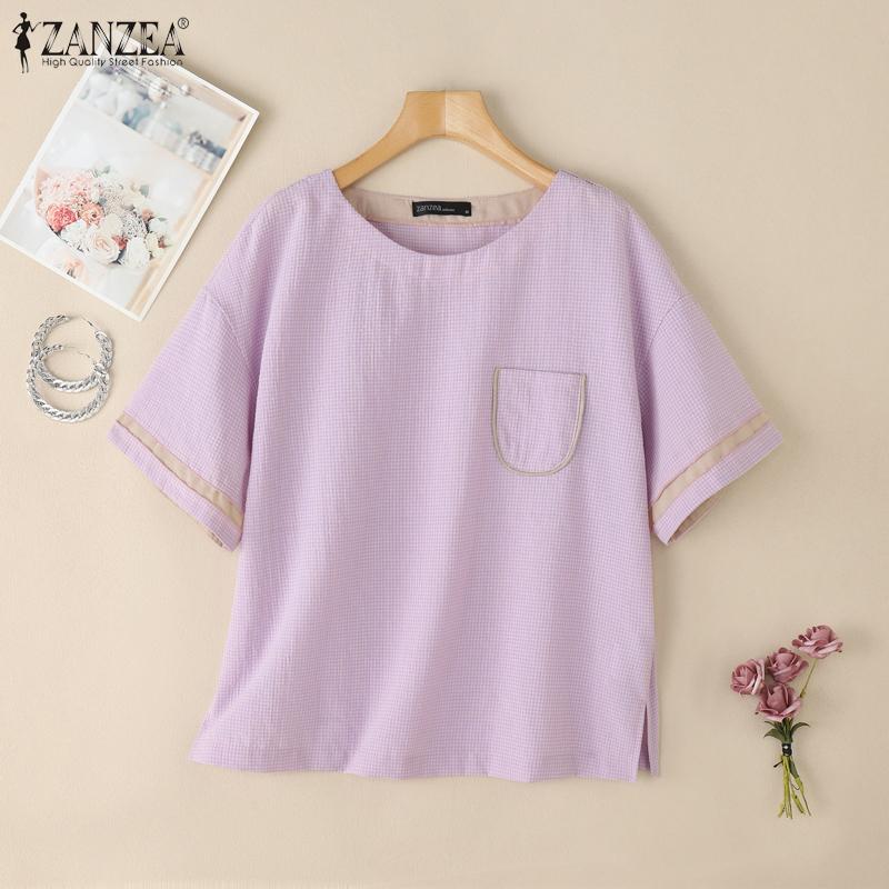 ZANZEA Women Summer Round Neck Casual Grid Print Short Sleeve Blouse